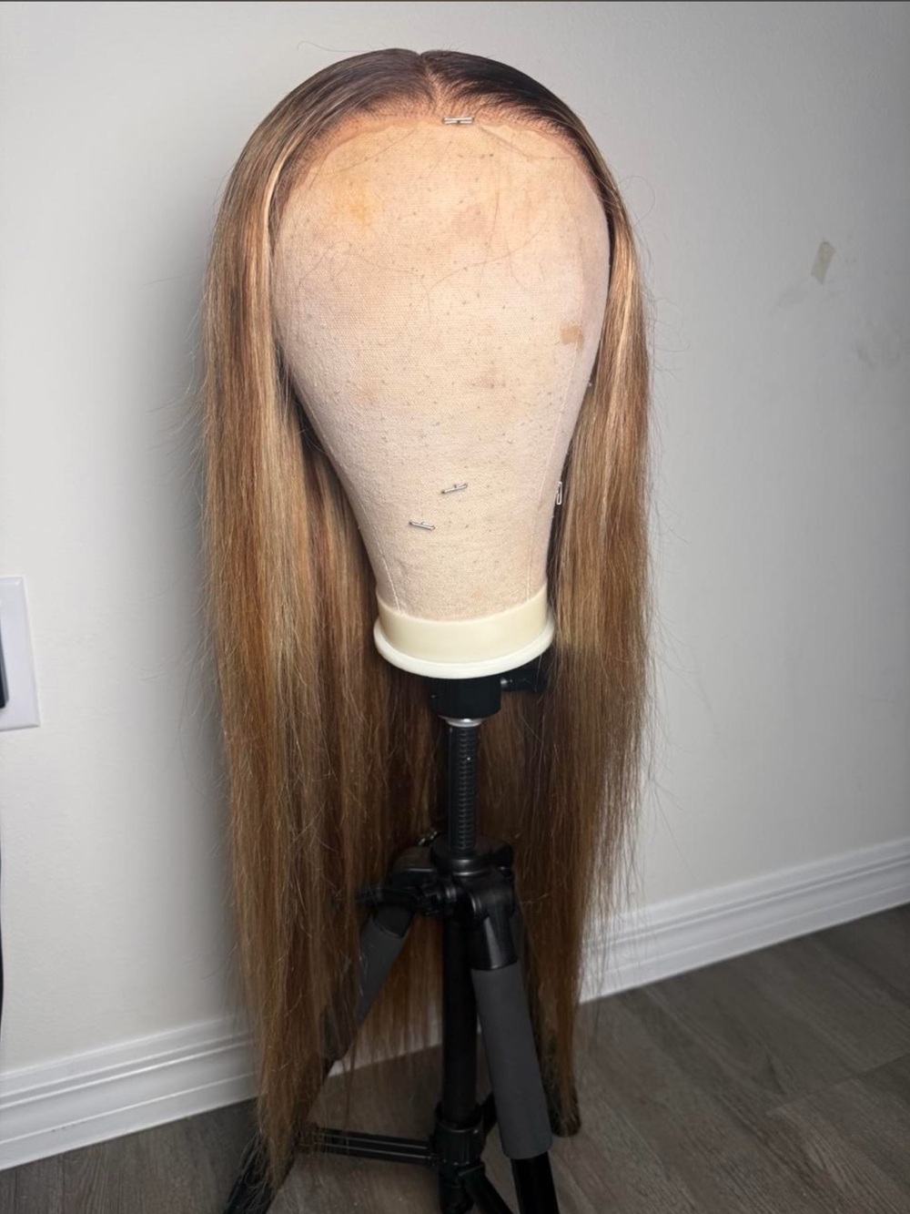 Megalook Human hair 24" 13x6 lace front straight blonde highlights wig